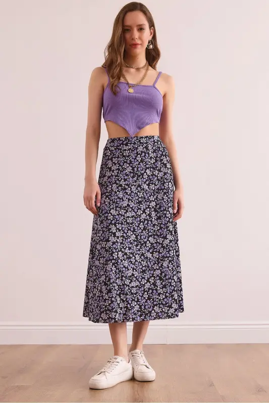 Woman Black Lilac Elastic Waist Patterned Long Skirt E - 1