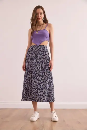 Woman Black Lilac Elastic Waist Patterned Long Skirt E - 2