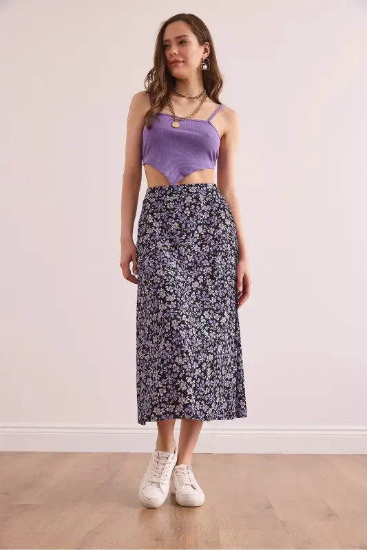 Woman Black Lilac Elastic Waist Patterned Long Skirt E - 3