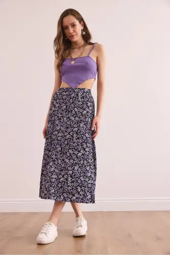 Woman Black Lilac Elastic Waist Patterned Long Skirt E - 4