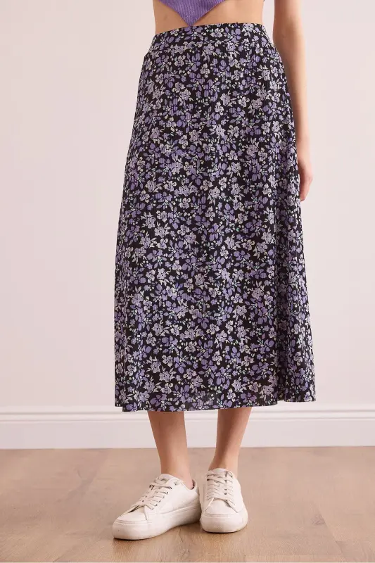 Woman Black Lilac Elastic Waist Patterned Long Skirt E - 5