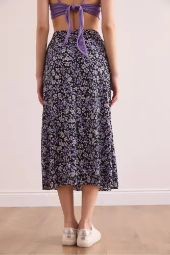 Woman Black Lilac Elastic Waist Patterned Long Skirt E - 6