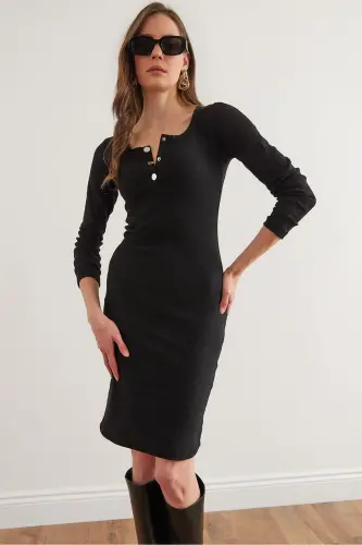 Woman Black Metal Buttoned Flannel Lycra Mini Dress - 1