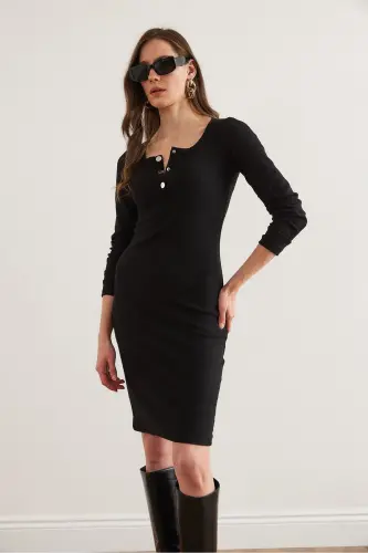 Woman Black Metal Buttoned Flannel Lycra Mini Dress - 3