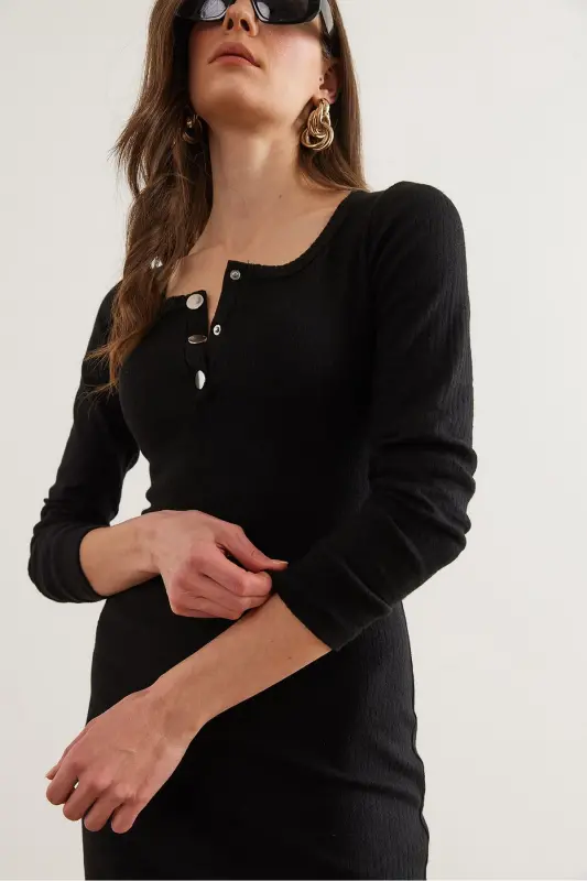 Woman Black Metal Buttoned Flannel Lycra Mini Dress - 5