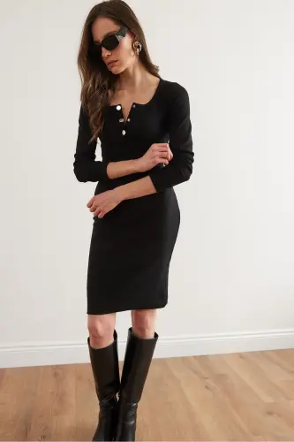 Woman Black Metal Buttoned Flannel Lycra Mini Dress - 6