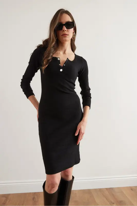 Woman Black Metal Buttoned Flannel Lycra Mini Dress - 7