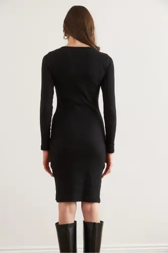 Woman Black Metal Buttoned Flannel Lycra Mini Dress - 8