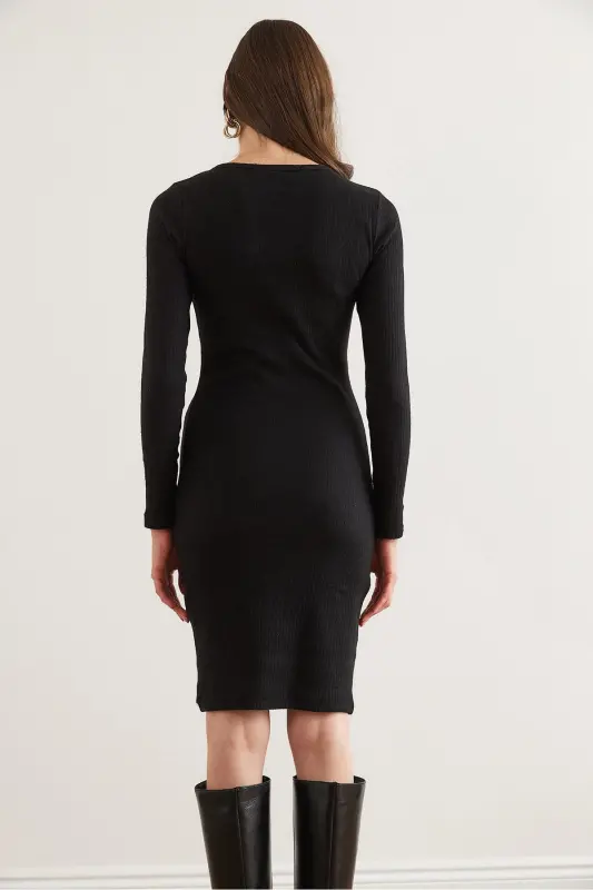 Woman Black Metal Buttoned Flannel Lycra Mini Dress - 8