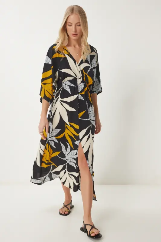Woman Black Mustard Wrap Neck Patterned Summer Viscose Dress DK00166-Black Mustard - HAPPINESS İSTANBUL