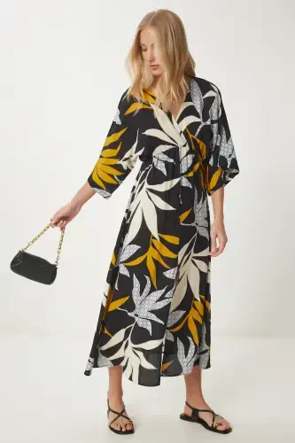Woman Black Mustard Wrap Neck Patterned Summer Viscose Dress DK00166-Black Mustard - 2