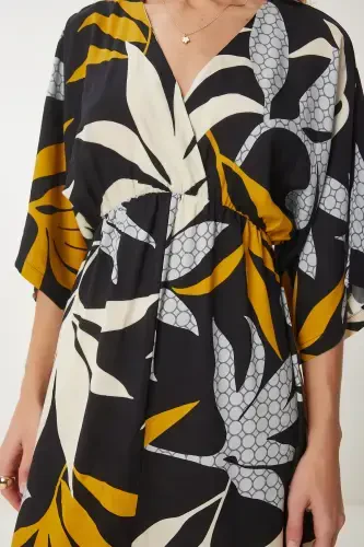 Woman Black Mustard Wrap Neck Patterned Summer Viscose Dress DK00166-Black Mustard - 3