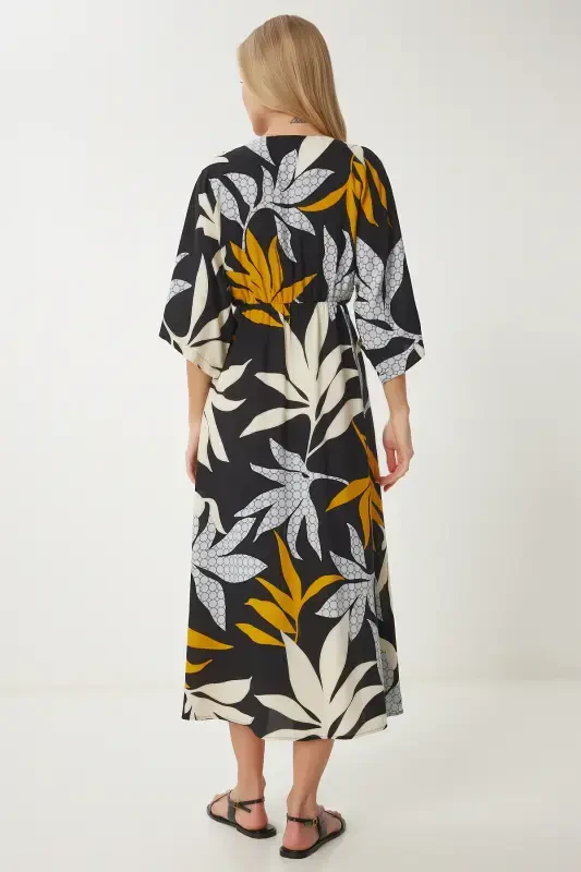 Woman Black Mustard Wrap Neck Patterned Summer Viscose Dress DK00166-Black Mustard - 4