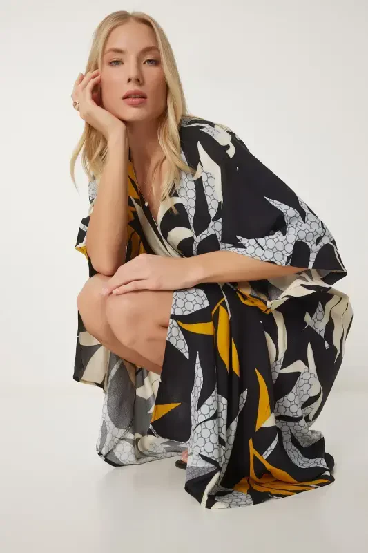 Woman Black Mustard Wrap Neck Patterned Summer Viscose Dress DK00166-Black Mustard - 5