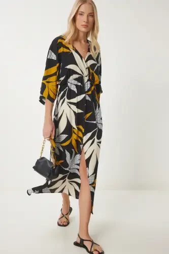 Woman Black Mustard Wrap Neck Patterned Summer Viscose Dress DK00166-Black Mustard - 6