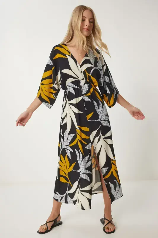 Woman Black Mustard Wrap Neck Patterned Summer Viscose Dress DK00166-Black Mustard - 7