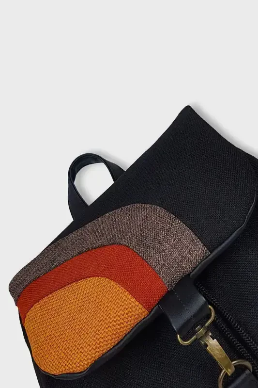 Woman Black Orange Handmade Backpack - Black Yellow - 3