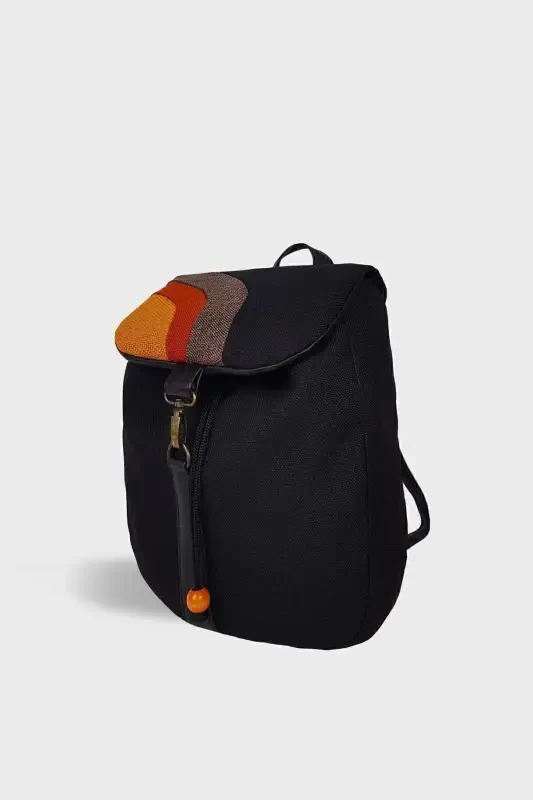 Woman Black Orange Handmade Backpack - Black Yellow - 5