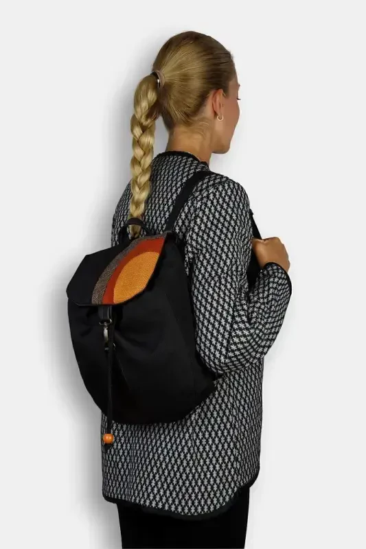 Woman Black Orange Handmade Backpack - Black Yellow - 6