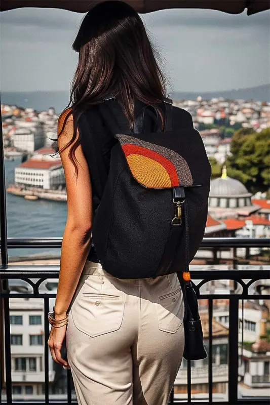 Woman Black Orange Handmade Backpack - Black Yellow - 2