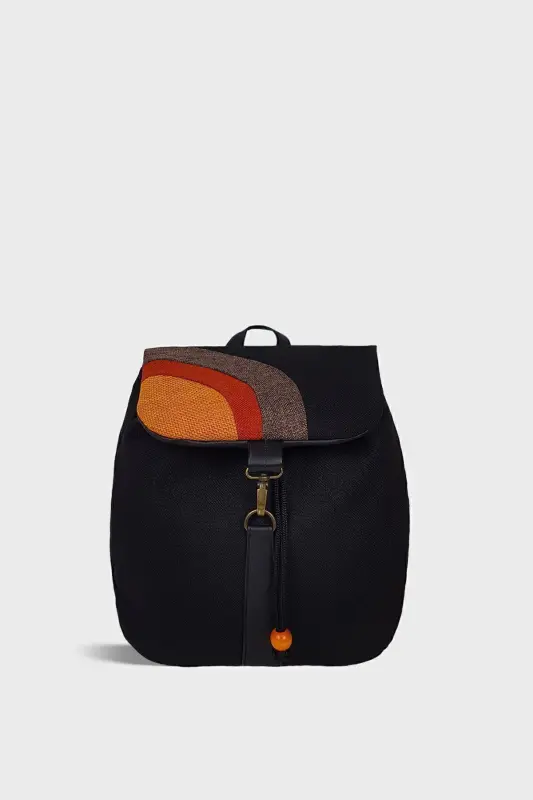 Woman Black Orange Handmade Backpack - Black Yellow - 3