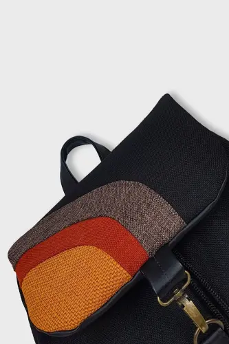 Woman Black Orange Handmade Backpack - Black Yellow - 4