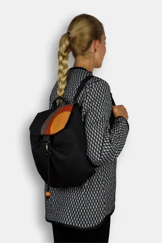 Woman Black Orange Handmade Backpack - Black Yellow - 7