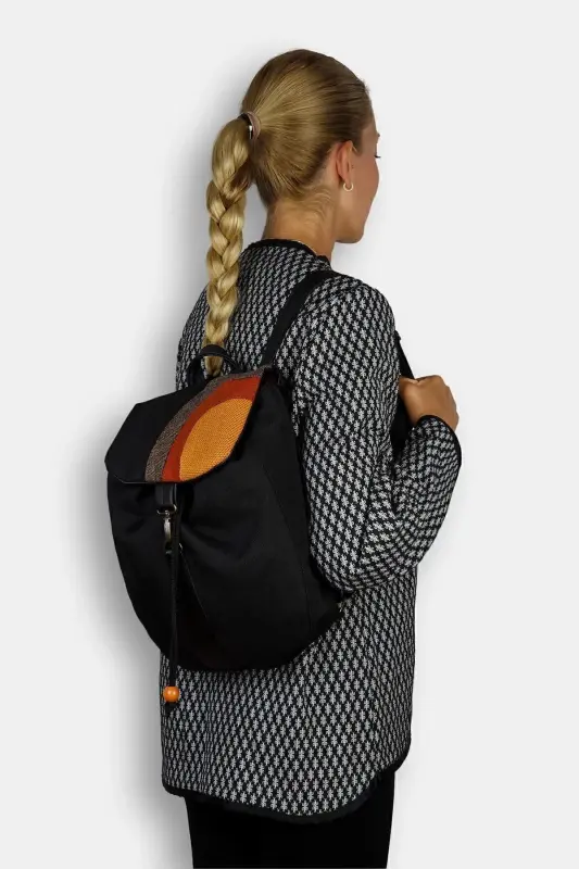 Woman Black Orange Handmade Backpack - Black Yellow - 7