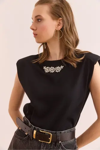 Woman Black Padded Detailed Stone Cotton T-Shirt TSH-1 