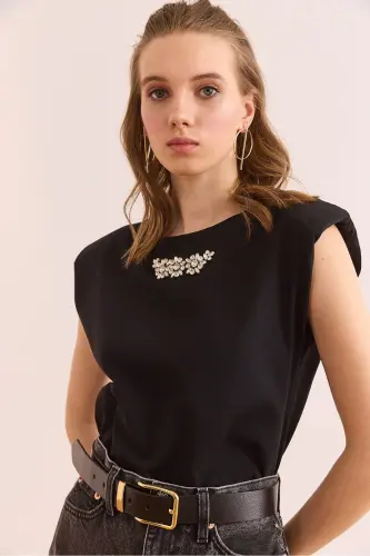 Woman Black Padded Detailed Stone Cotton T-Shirt TSH-1 - OLALOOK (1)
