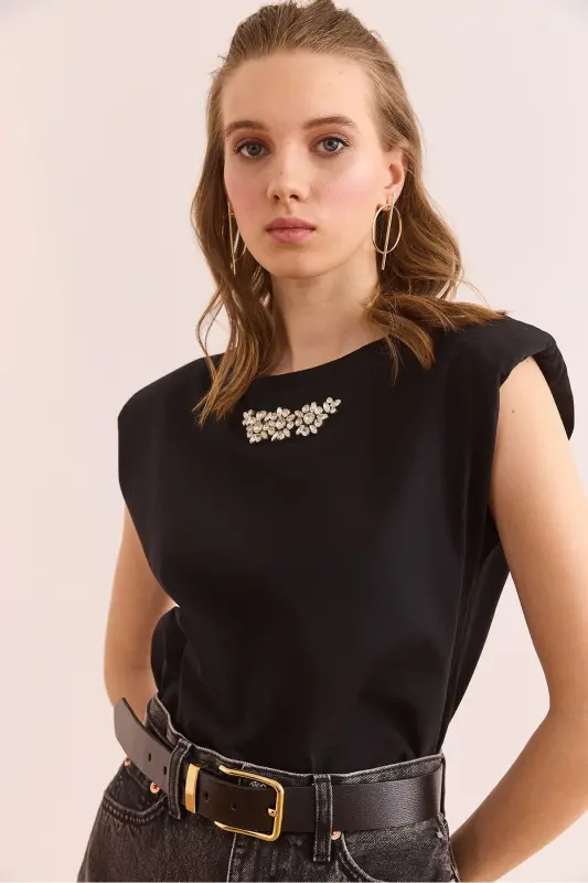 Woman Black Padded Detailed Stone Cotton T-Shirt TSH-1 - 2