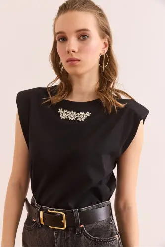 Woman Black Padded Detailed Stone Cotton T-Shirt TSH-1 - 3