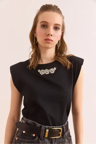 Woman Black Padded Detailed Stone Cotton T-Shirt TSH-1 - 4