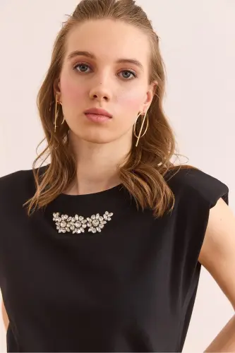 Woman Black Padded Detailed Stone Cotton T-Shirt TSH-1 - 5