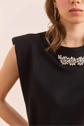 Woman Black Padded Detailed Stone Cotton T-Shirt TSH-1 - 6