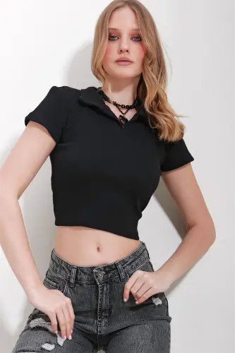 Woman Black Polo Neck Basic Crop Blouse ALC-X11548-BLACK 