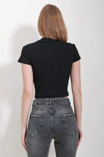 Woman Black Polo Neck Basic Crop Blouse ALC-X11548-BLACK - 5