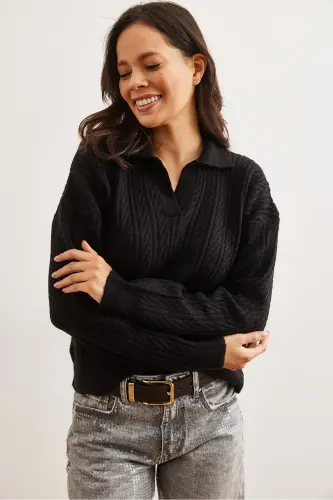 Woman Black Polo Neck Cable Knitwear Sweater KZK-19000881-Black - OLALOOK (1)