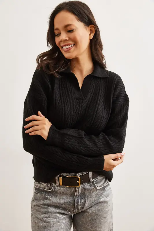 Woman Black Polo Neck Cable Knitwear Sweater KZK-19000881-Black - 2