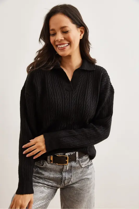 Woman Black Polo Neck Cable Knitwear Sweater KZK-19000881-Black - 3