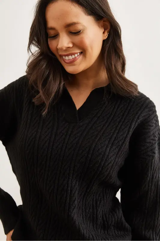 Woman Black Polo Neck Cable Knitwear Sweater KZK-19000881-Black - 4