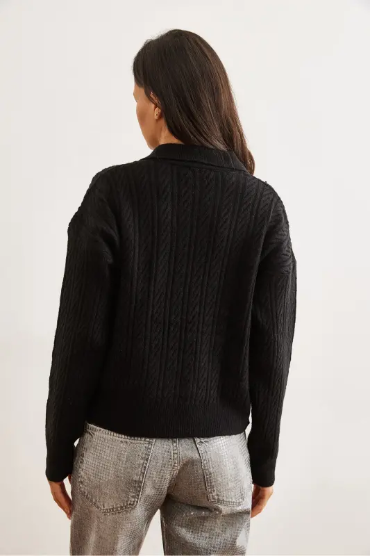 Woman Black Polo Neck Cable Knitwear Sweater KZK-19000881-Black - 5
