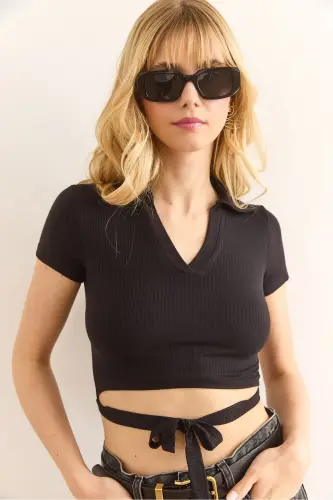 Woman Black Polo Neck Tie Detailed Polyviscose C - 4