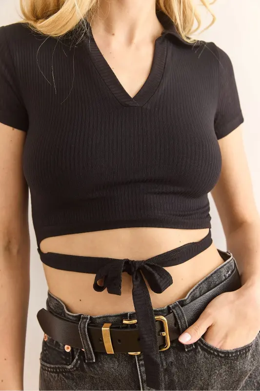 Woman Black Polo Neck Tie Detailed Polyviscose C - 5