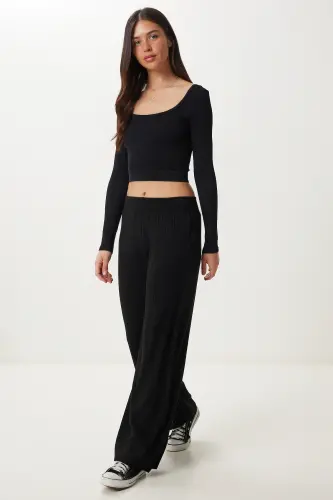 Woman Black Ribbed Knitted Trousers KI00096-Black - HAPPINESS İSTANBUL (1)