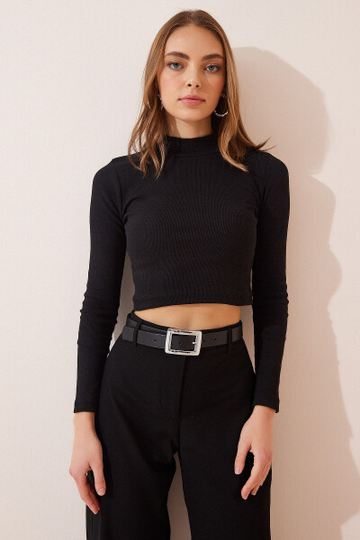 Woman Black Ribbed Turtleneck Crop Knit Blouse GT00059 - 3