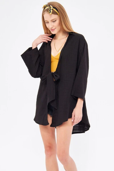 Woman Black Self-Striped Front Tie-Up Kimono - ARMONIKA