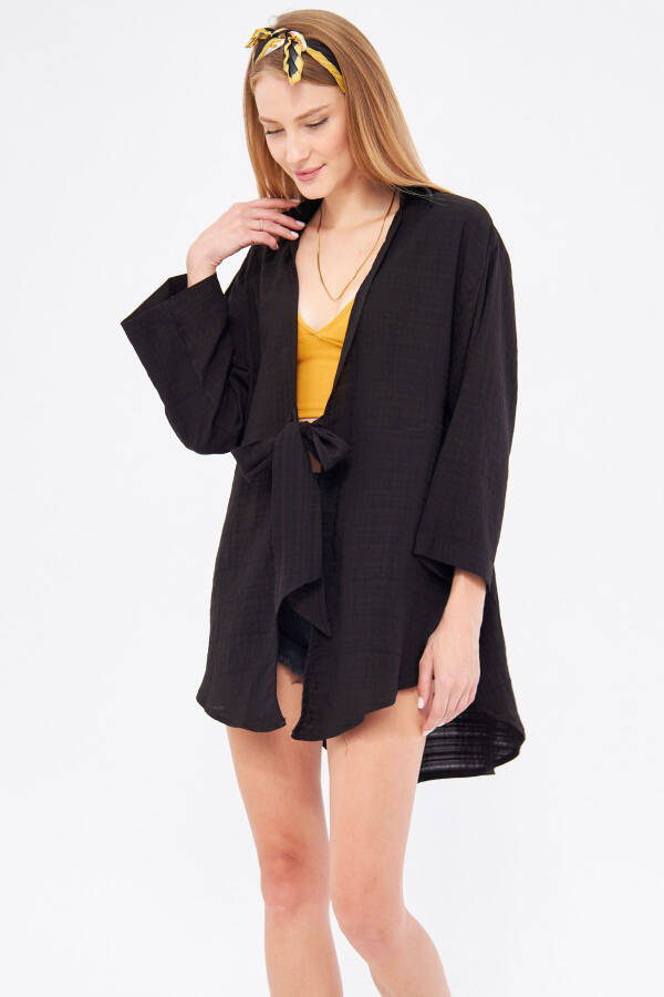 Woman Black Self-Striped Front Tie-Up Kimono - 1