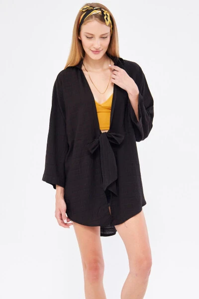 Woman Black Self-Striped Front Tie-Up Kimono - ARMONIKA (1)