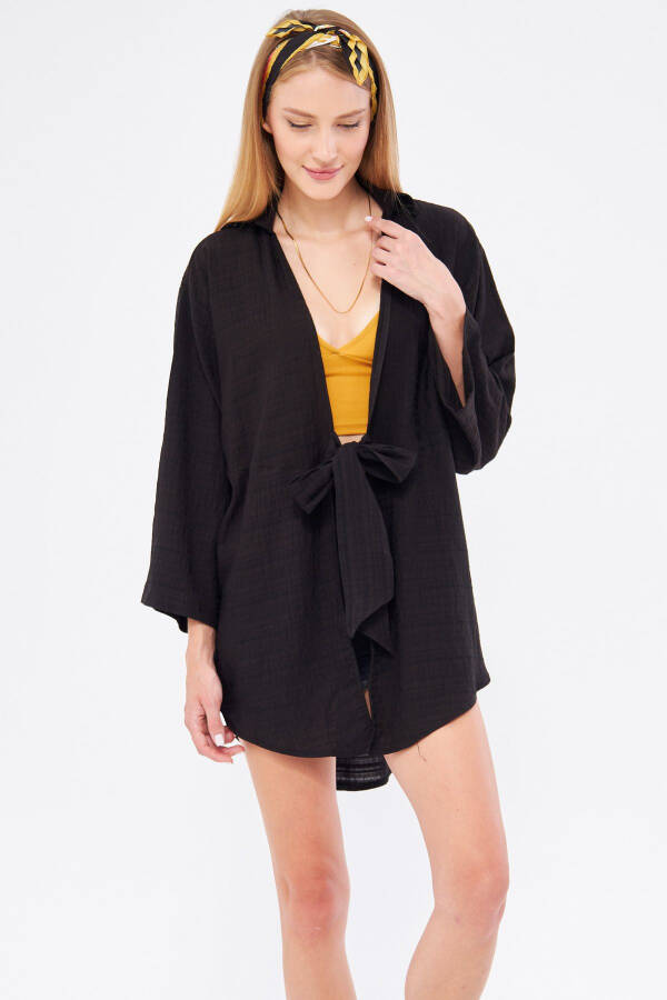 Woman Black Self-Striped Front Tie-Up Kimono - 2